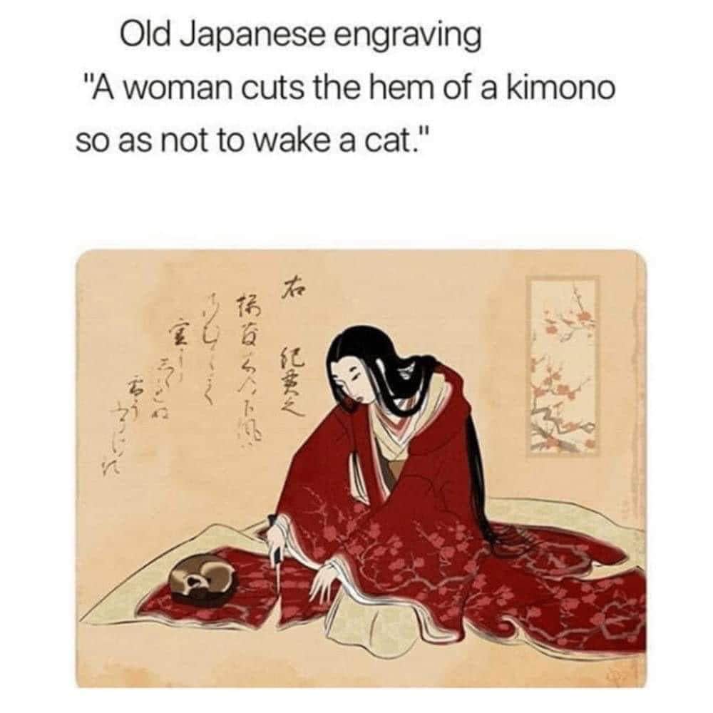 Old Japanese engraving "A woman cuts the hem of a kimono so as not to wake a cat."