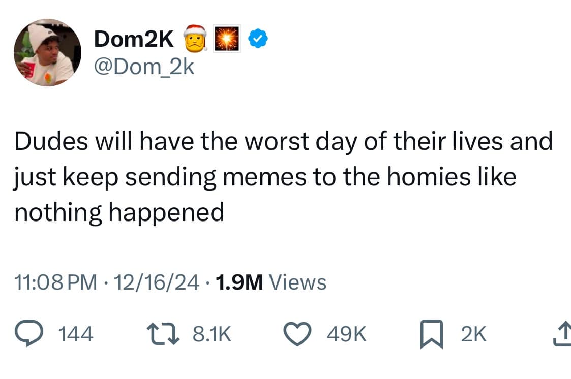 Dom2K @Dom _2k Dudes will have the worst day of their lives and just keep sending memes to the homies like nothing happened 11:08 PM • 12/16/24 • 1.9M Views @144. T28.1K © 49K A 2K 1