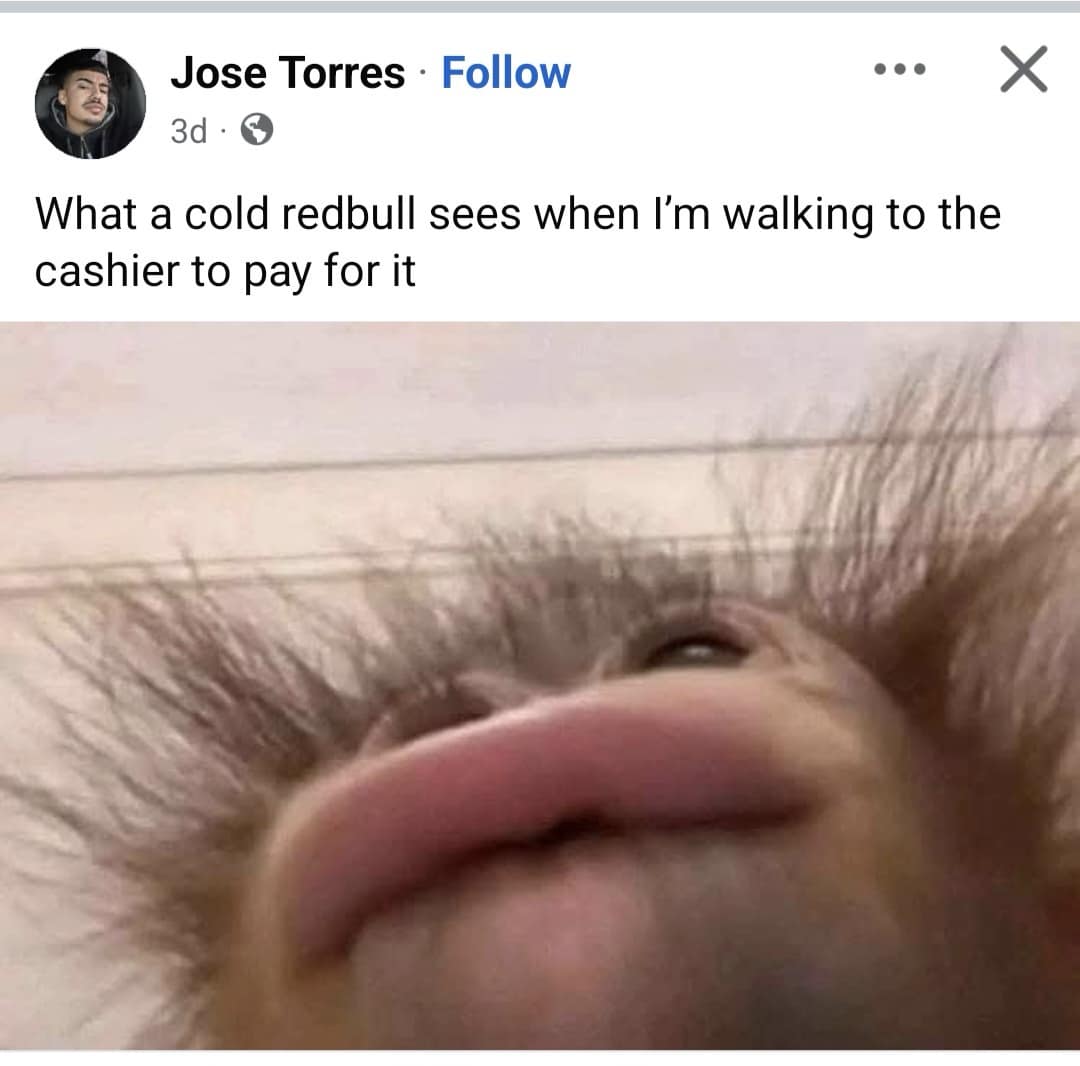 Jose Torres • Follow • •• 3d • What a cold redbull sees when I'm walking to the cashier to pay for it