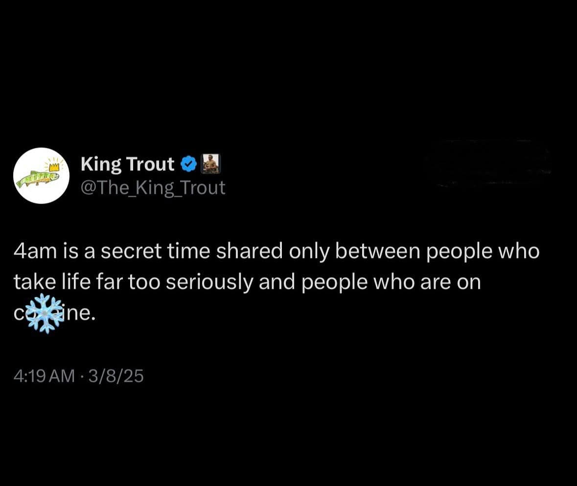 King Trout @The_King_Trout 4am is a secret time shared only between people who take life far too seriously and people who are on ne. 4:19 AM - 3/8/25