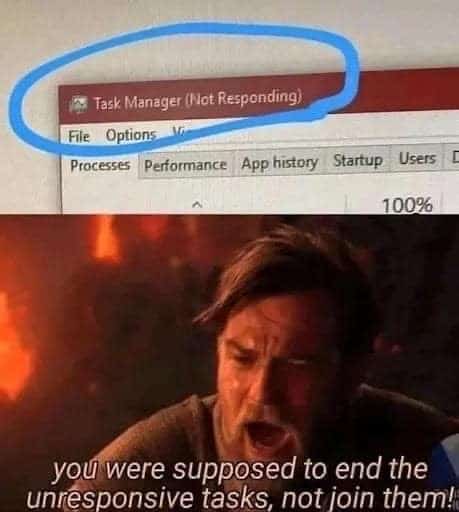 Task Manager (Not Responding) File Options Processes Performance App history Startup Users 100% you were supposed to end the unresponsive tasks, not join them!