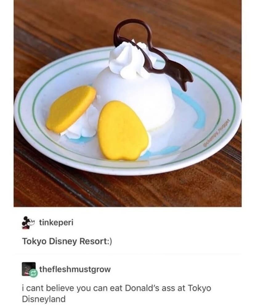 ca tinkeperi Tokyo Disney Resort:) thefleshmustgrow i cant believe you can eat Donald's ass at Tokyo Disneyland