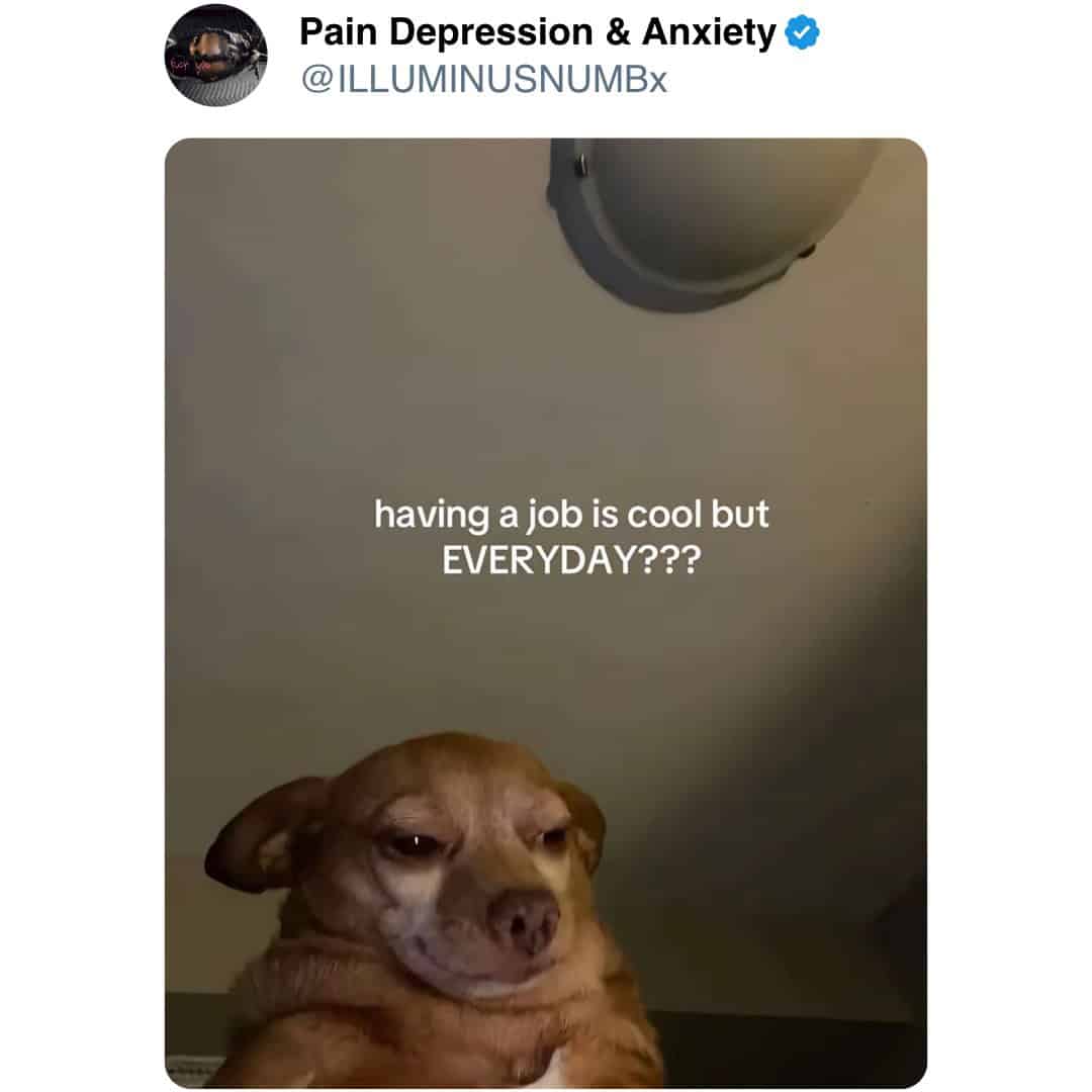 Pain Depression & Anxiety ® @ILLUMINUSNUMBX having a job is cool but EVERYDAY???