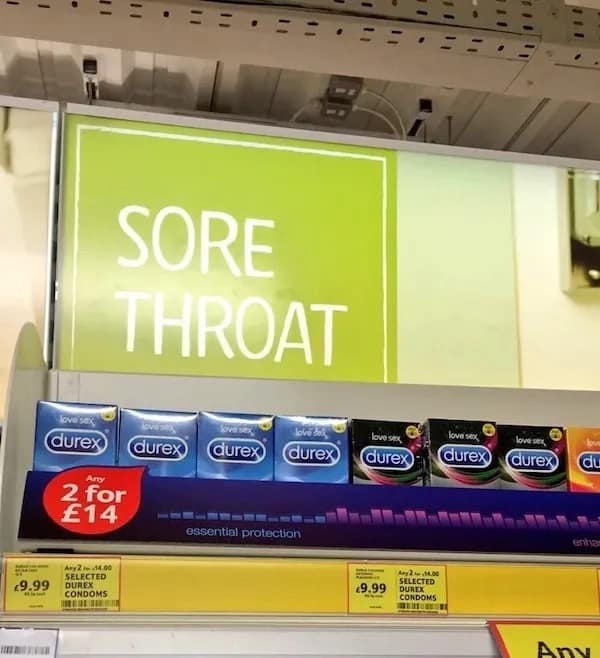 SORE THROAT love sex durex 2for E14 durex (durex durex bwsk durex essential protection 69.99 SELECTED CONDOMS 49.99 love sex durex durex) di
