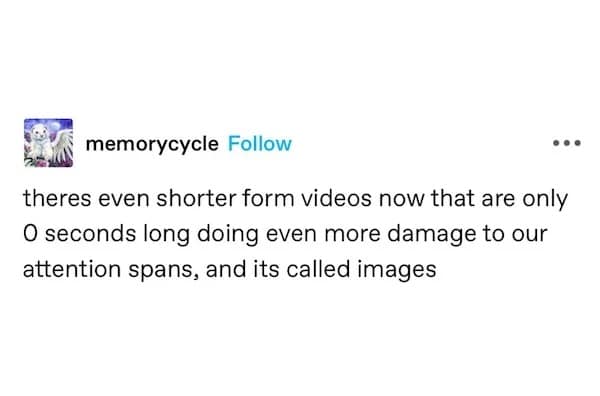 memorycycle Follow theres even shorter form videos now that are only O seconds long doing even more damage to our attention spans, and its called images