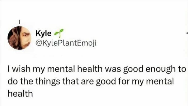 Kyle @KylePlantEmoji I wish my mental health was good enough to do the things that are good for my mental health