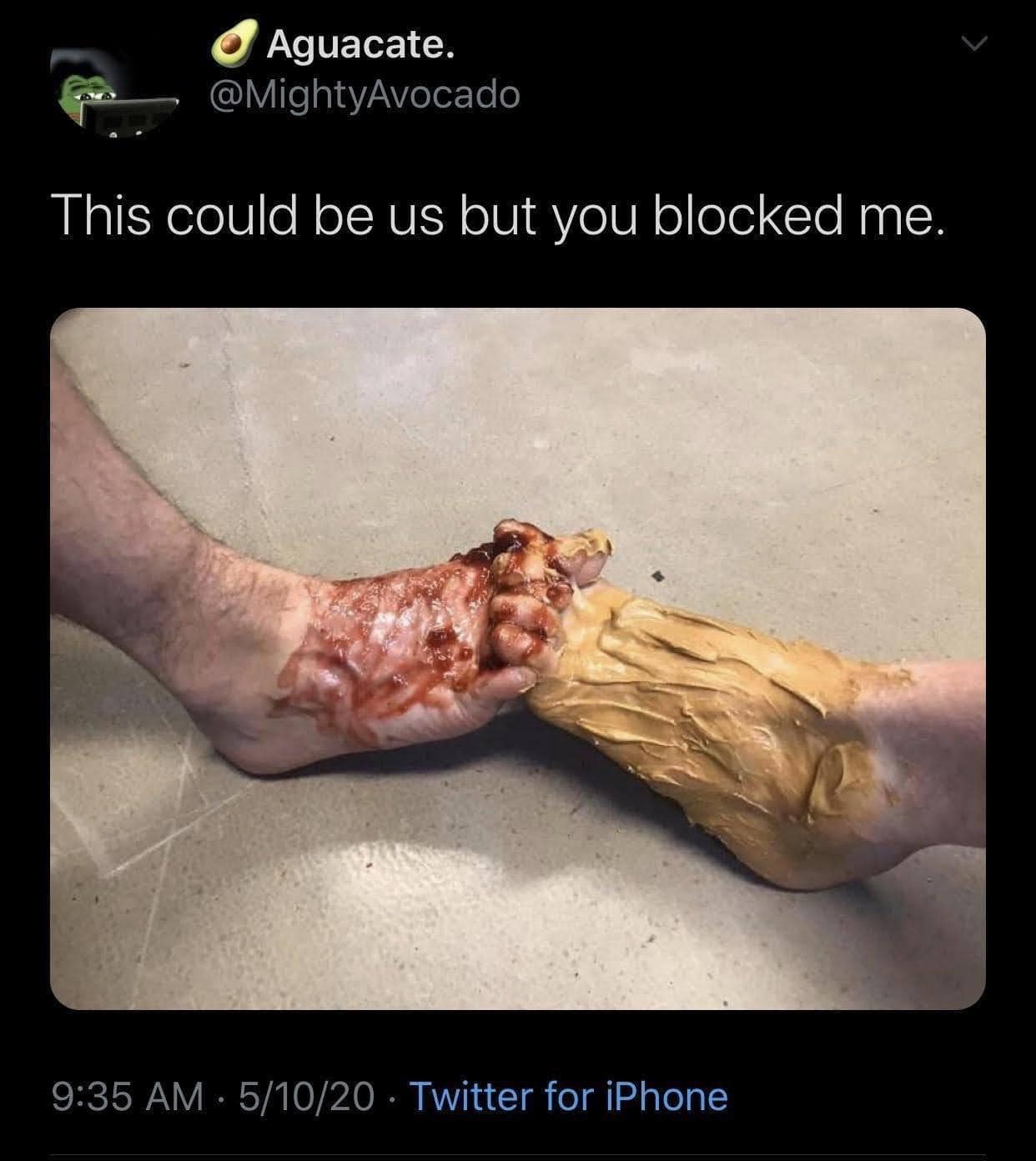 • Aguacate. @MightyAvocado This could be us but you blocked me. 9:35 AM • 5/10/20 • Twitter for iPhone