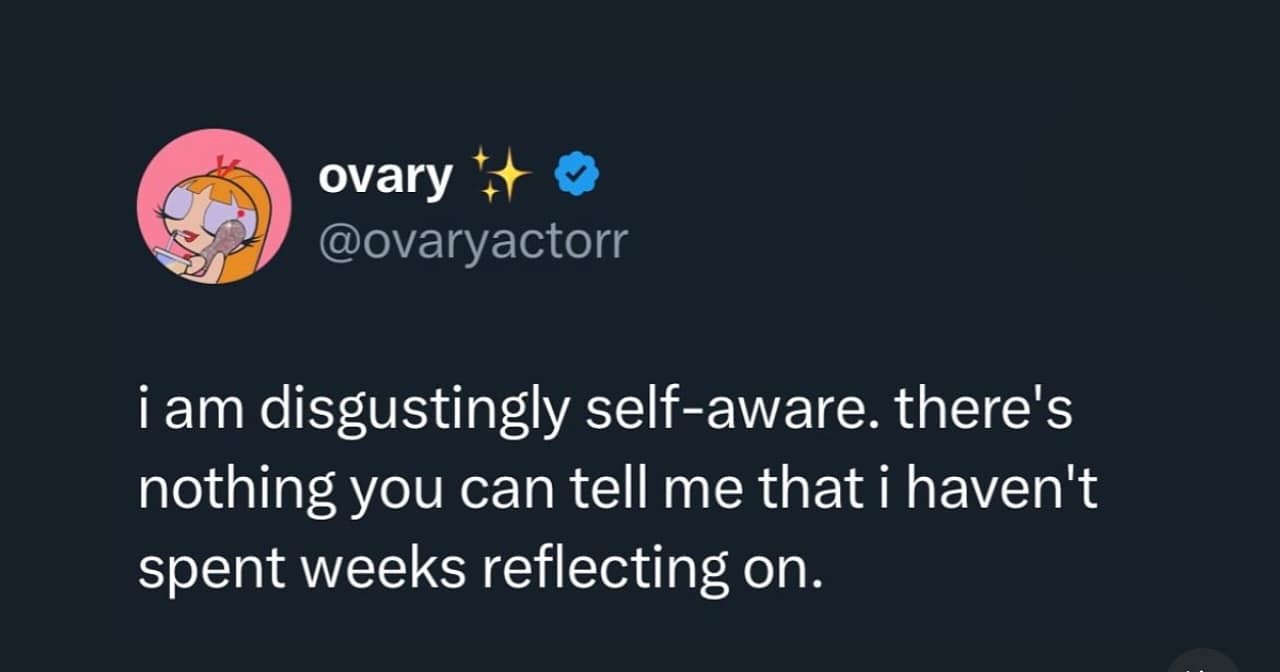 ovary @ovaryactorr i am disgustingly self-aware. there's nothing you can tell me that i haven't spent weeks reflecting on.