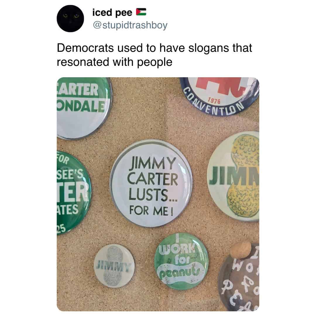 iced pee E @stupidtrashboy Democrats used to have slogans that resonated with people ARTER ONDALE 1976 OR SEE'S TER ATES JIMMY CARTER LUSTS... FOR ME! FORK a for peanul JIME