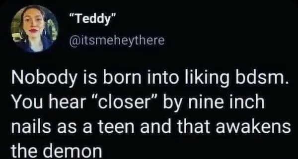 "Teddy" @itsmeheythere Nobody is born into liking bdsm. You hear "closer" by nine inch nails as a teen and that awakens the demon