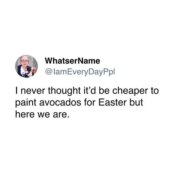 WhatserName @lamEveryDayPpl I never thought it'd be cheaper to paint avocados for Easter but here we are.