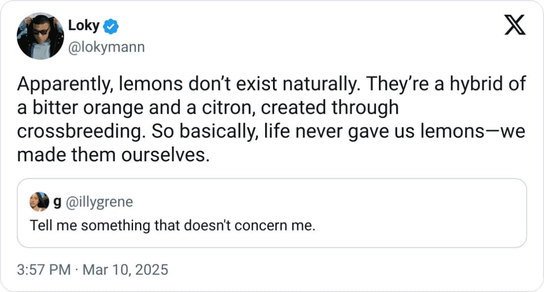 Loky g @lokymann X Apparently, lemons don't exist naturally. They're a hybrid of a bitter orange and a citron, created through crossbreeding. So basically, life never gave us lemons-we made them ourselves. g @illygrene Tell me something that doesn't concern me. 3:57 PM • Mar 10, 2025