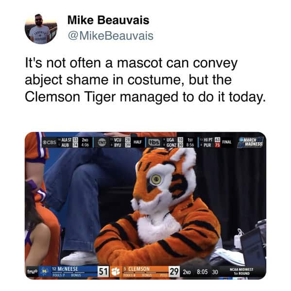 It's not often a mascot can convey abject shame in costume, but the Clemson Tiger managed to do it today.