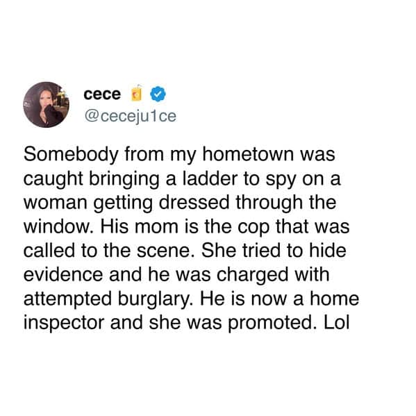 Somebody from my hometown was caught bringing a ladder to spy on a woman getting dressed through the window. His mom is the cop that was called to the scene. She tried to hide evidence and he was charged with attempted burglary. He is now a home inspector and she was promoted.