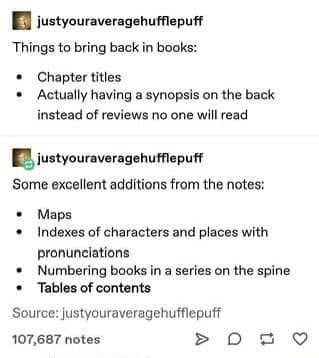 Things to bring back in books: : Actualy having a synopats on the back instead of reviews no one will read