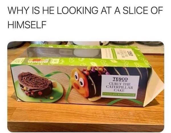 WHY IS HE LOOKING AT A SLICE OF HIMSELF TESCO CURIN THE CATERPILLAR CAKE