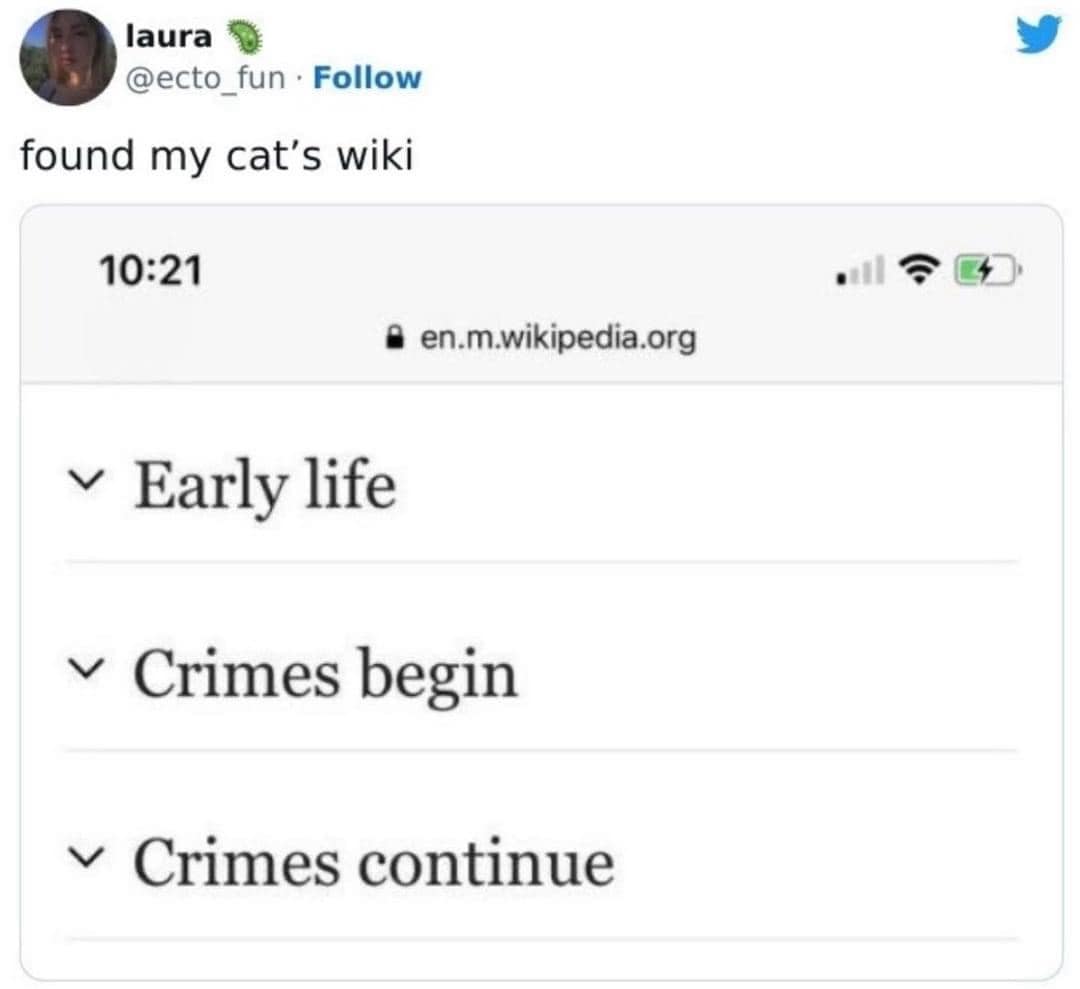 laura @ecto fun • Follow found my cat's wiki 10:21 @ en.m.wikipedia.org v Early life ~ Crimes begin v Crimes continue