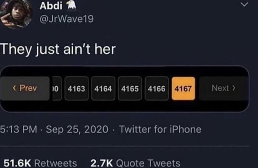 Abdi @JrWave19 They just ain't her < Prev 10 4163 4164 4165 4166 4167 5:13 PM - Sep 25, 2020 • Twitter for iPhone 51.6K Retweets 2.7K Quote Tweets Next ›