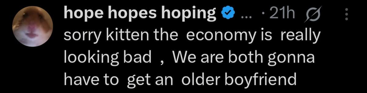 hope hopes hoping © ... • 21h 3 sorry kitten the economy is really looking bad, We are both gonna have to get an older boyfriend