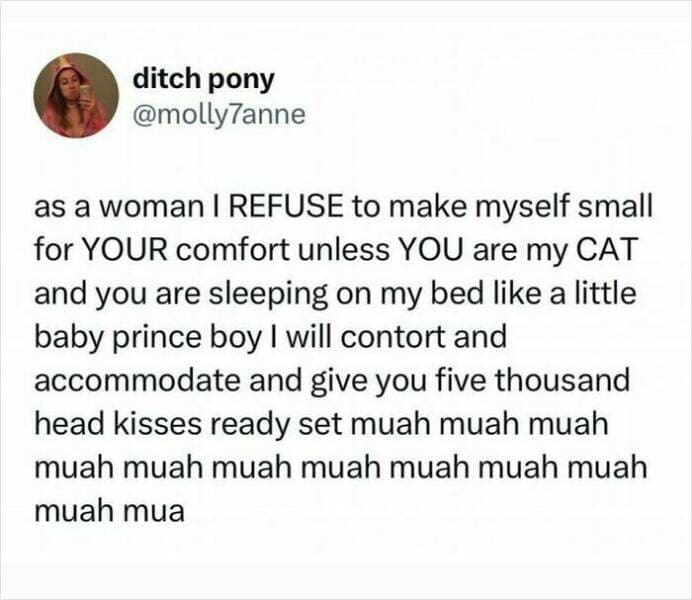 as a woman I REFUSE to make myself small for YOUR comfort unless YOU are my CAT and you are sleeping on my bed like a little baby prince boy I will contort and accommodate and give you five thousand head kisses ready set muah muah muah muah muah muah muah muah muah muah muah mua