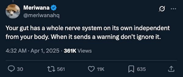 Your gut has a whole nerve system on its own independent from your body. When it sends a warning don't ignore it.