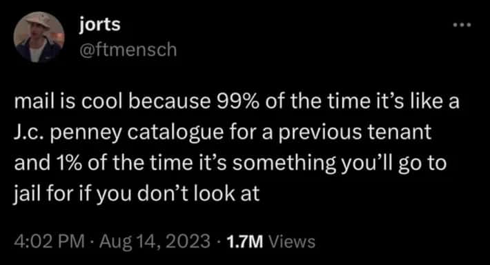 mail is cool because 99% of the time it's like a J.c. penney catalogue for a previous tenant and 1% of the time it's something you'll go to jail for if you don't look at