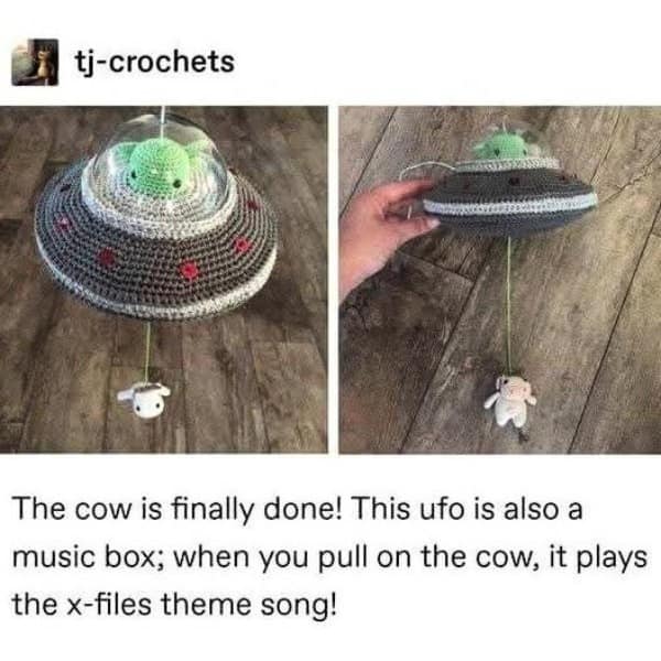 The cow is finally done! This ufo is also a music box; when you pull on the cow, it plays the x-files theme song!