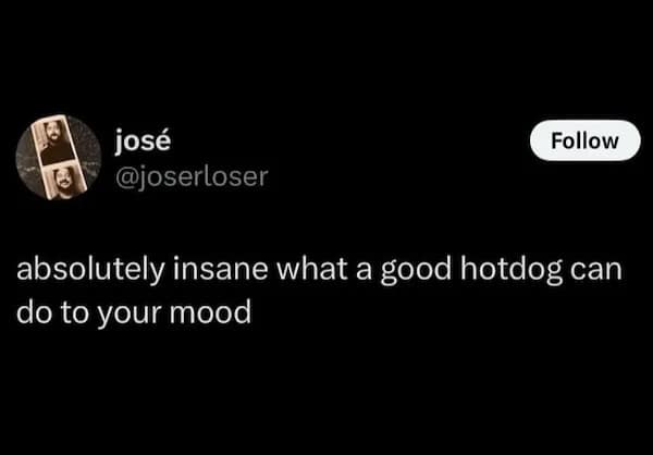 absolutely insane what a good hotdog can do to your mood