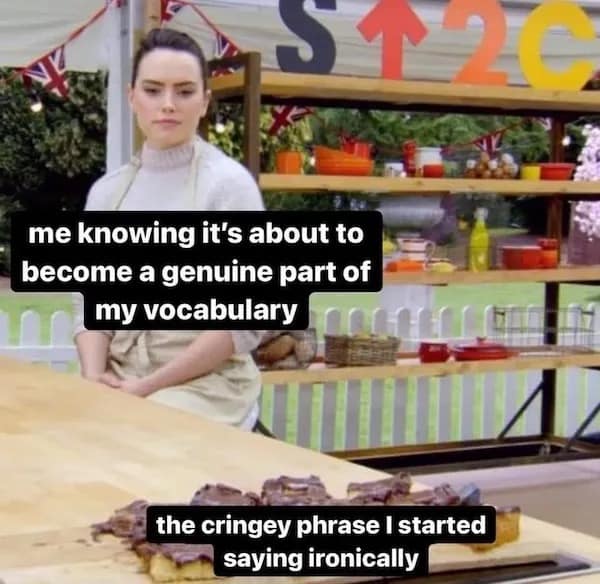 me knowing it's about to become a genuine part of my vocabulary the cringey phrase I started saying ironically