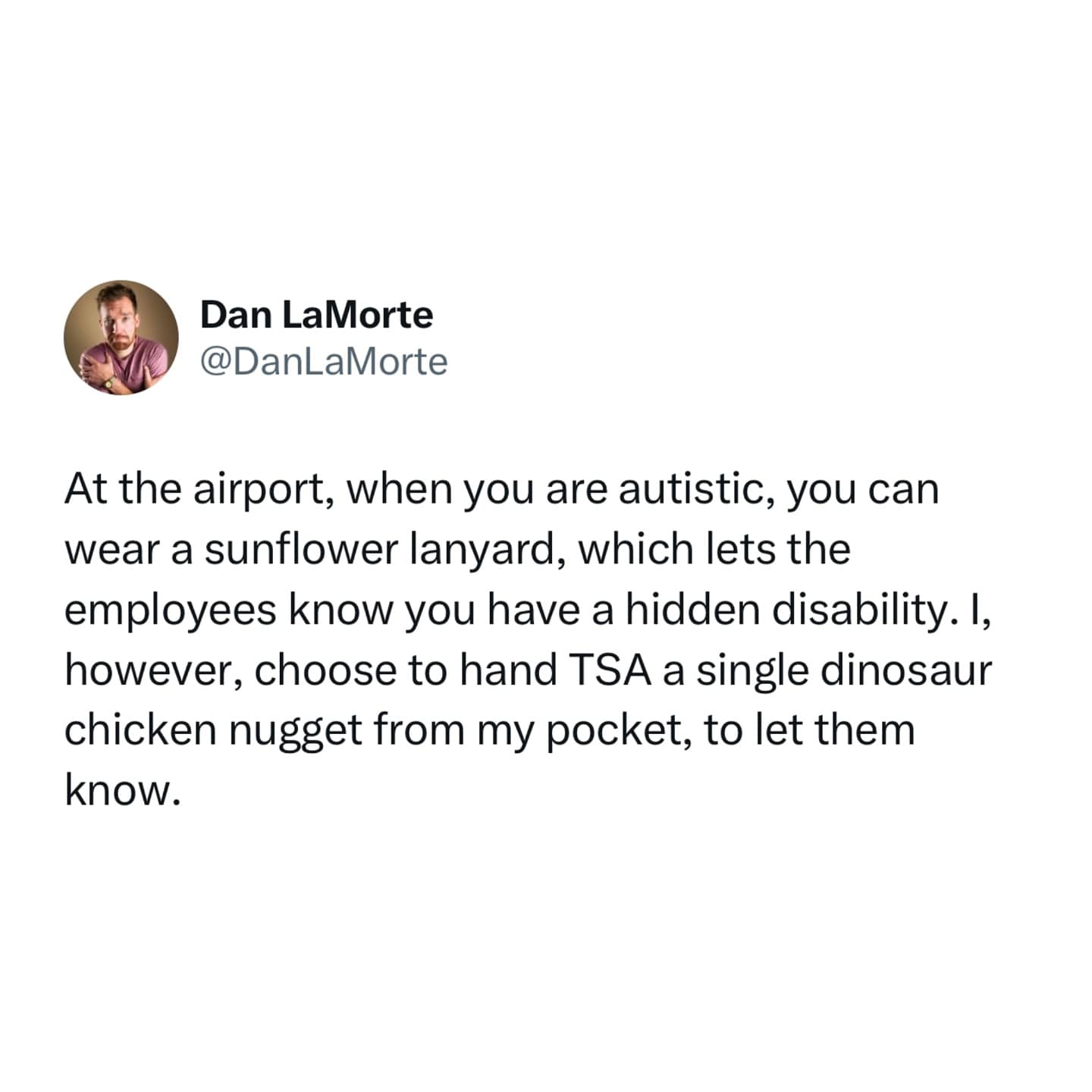 At the airport, when you are autistic, you can wear a sunflower lanyard, which lets the employees know you have a hidden disability. I, however, choose to hand TSA a single dinosaur chicken nugget from my pocket, to let them know.