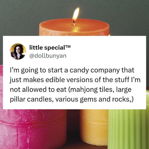 I'm going to start a candy company that just makes edible versions of the stuff I'm not allowed to eat (mahjong tiles, large pillar candles, various gems and rocks,)