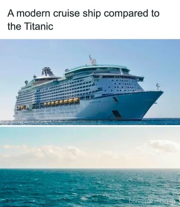A modern cruise ship compared to the Titanic