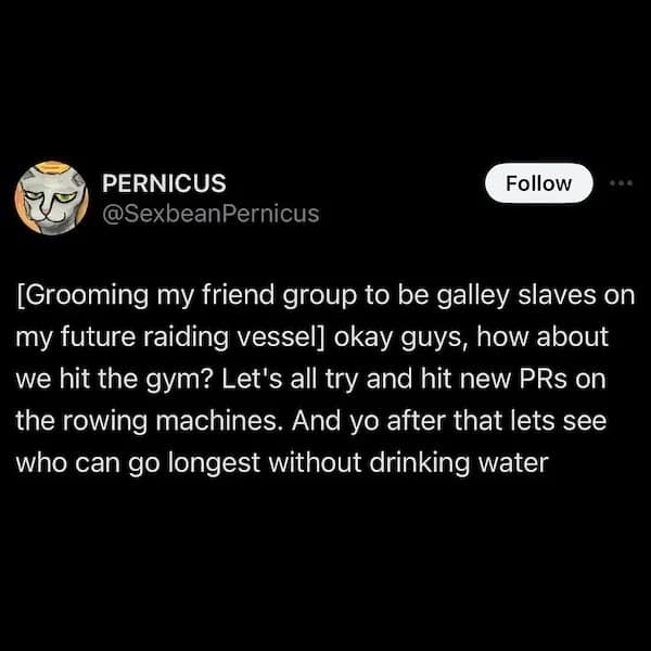 [Grooming my friend group to be galley slaves on my future raiding vessel] okay guys, how about we hit the gym? Let's all try and hit new PRs on the rowing machines. And yo after that lets see who can go longest without drinking water