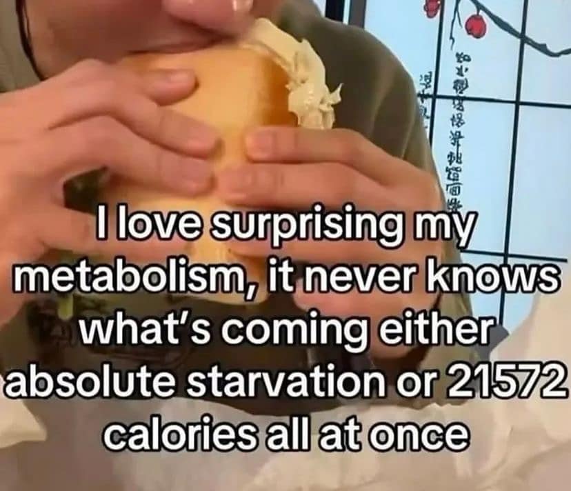love surprising mỳ metabolism, it never knows what's coming either absolute starvation or 21572 calories all at once