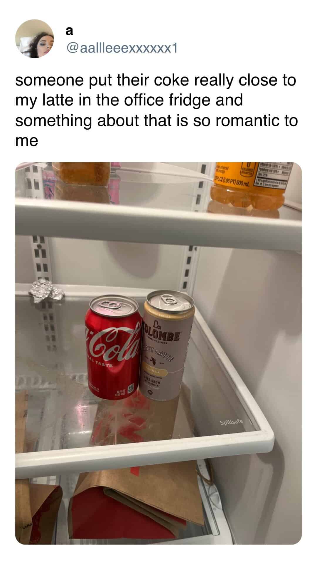 someone put their coke really close to my latte in the office fridge and something about that is so romantic to me