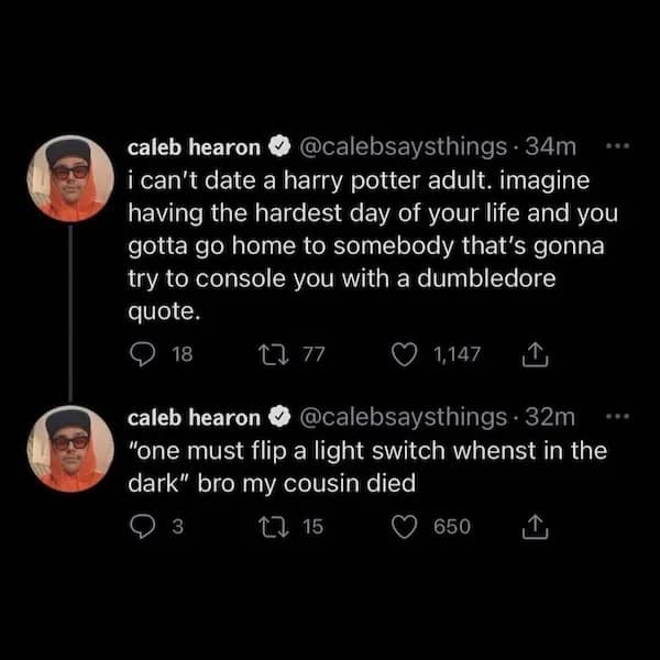 can't date a harry potter adult. imagine having the hardest day of your life and you gotta go home to somebody that's gonna try to console you with a dumbledore quote.