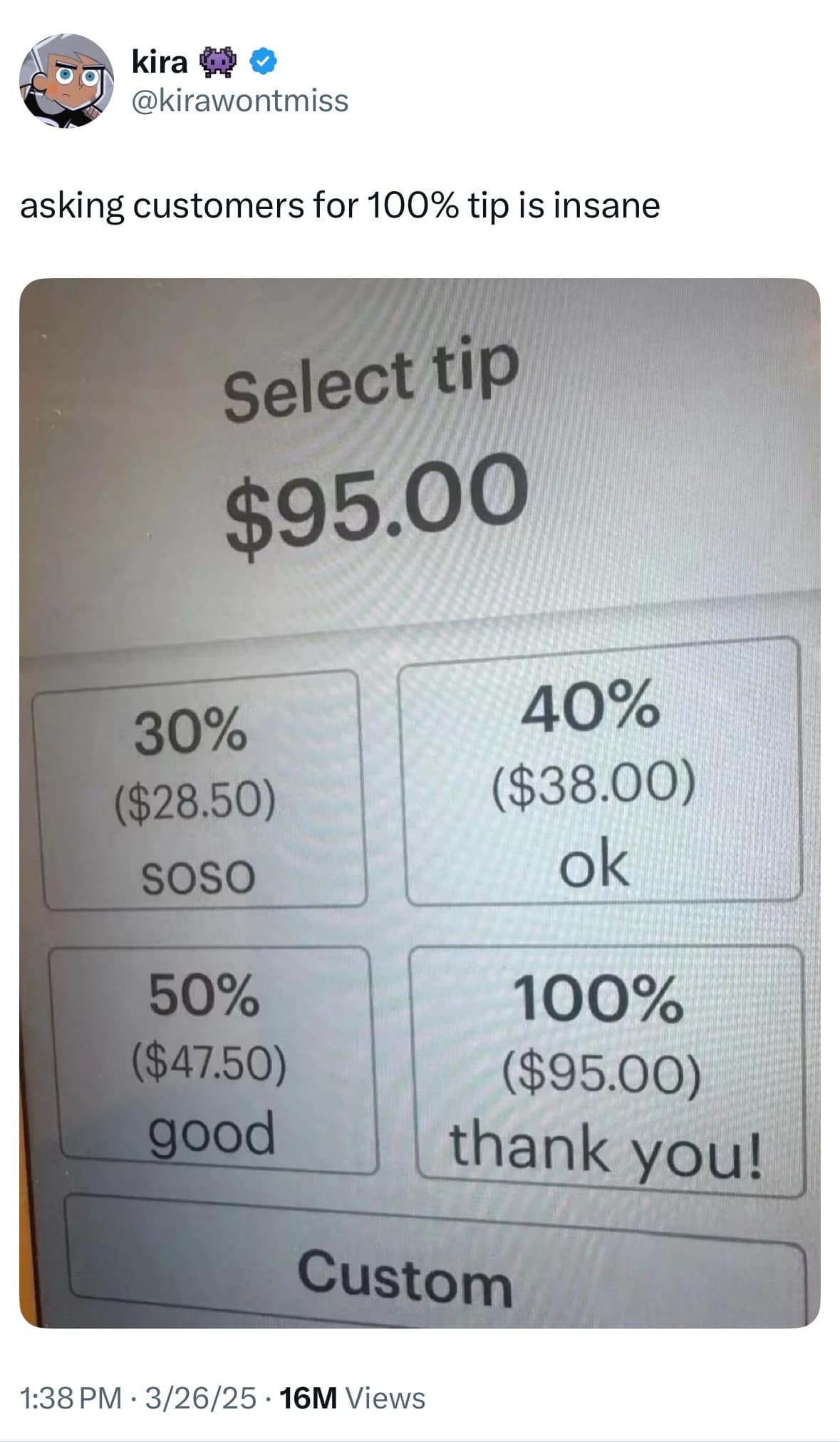 asking customers for 100% tip is insane