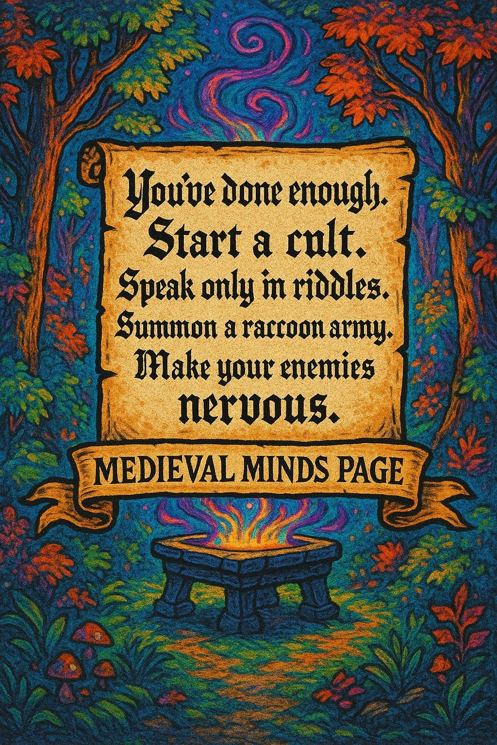 You've done enough. Start a cult. Speak only in riddles. Summon a ractoon army. Make your enemies nervous. MEDIEVAL MINDS PAGE