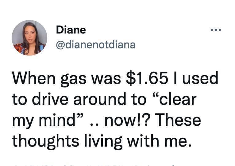 When gas was $1.65 l used to drive around to "clear my mind" .. now!? These thoughts living with me.