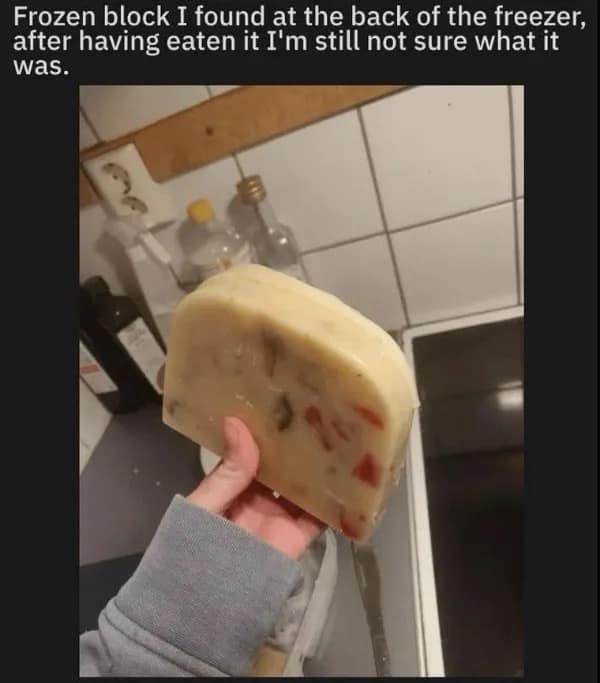 Frozen block I found at the back of the freezer, after having eaten it I'm still not sure what it was.