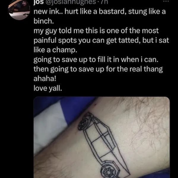 new ink.. hurt like a b, stung like a binch. my guy told me this is one of the most painful spots you can get tatted, but i sat like a champ. going to save up to fill it in when i can. then going to save up for the real thang ahaha! love yall.