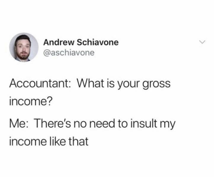 Accountant: What is your gross income? Me: There's no need to insult my income like that