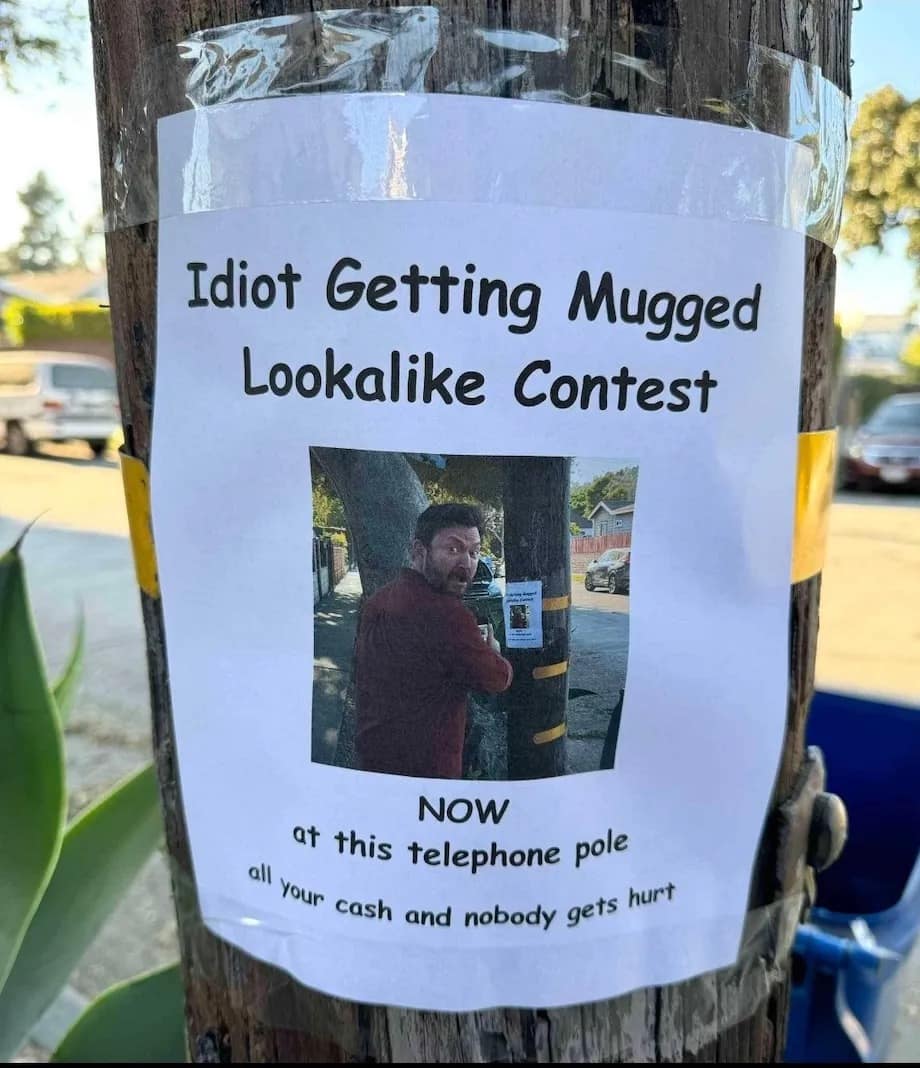 Idiot Getting Mugged Lookalike Contest NOW at this telephone pole all your cash and nobody gets hurt