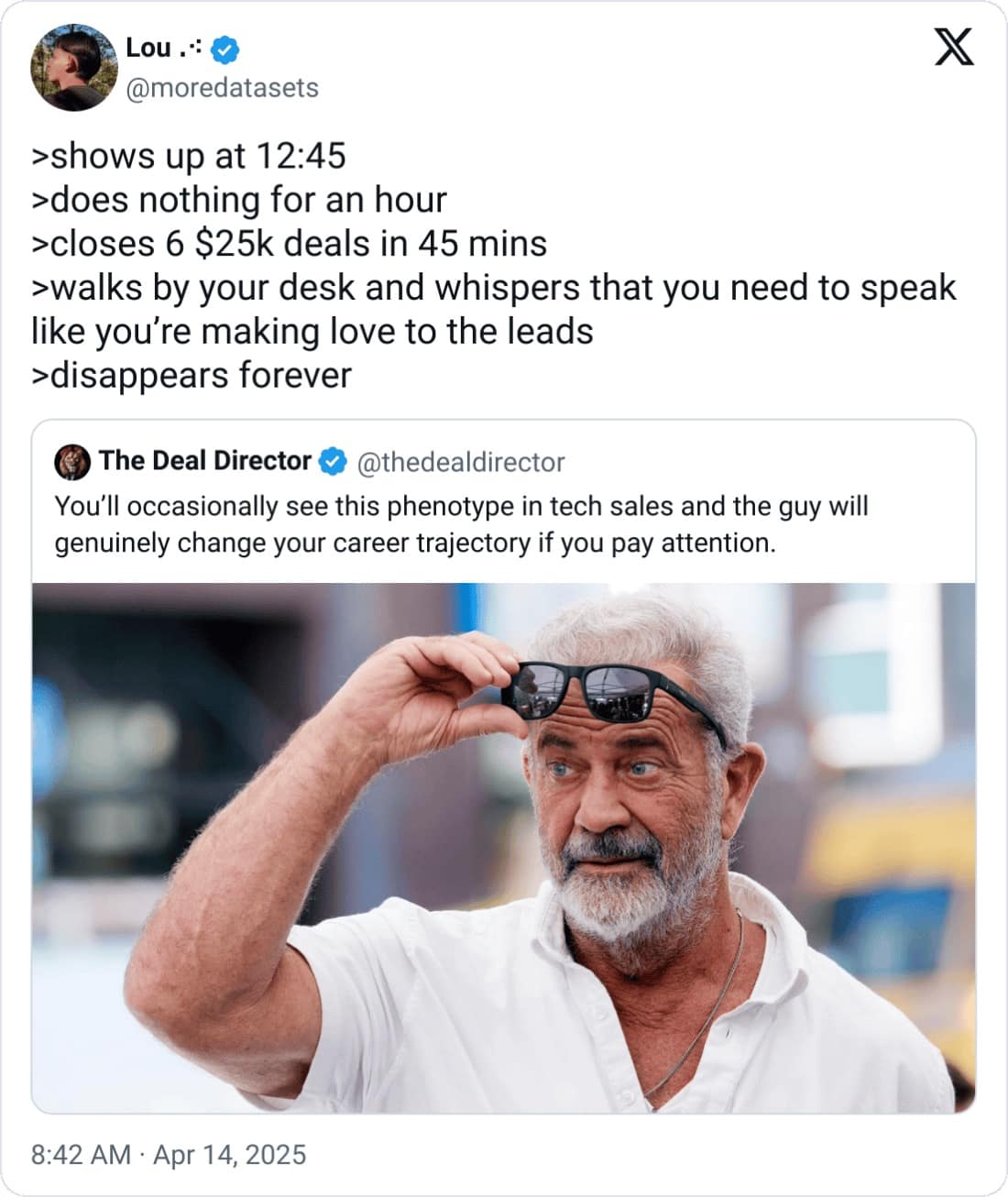 You'll occasionally see this phenotype in tech sales and the guy will genuinely change your career trajectory if you pay attention.