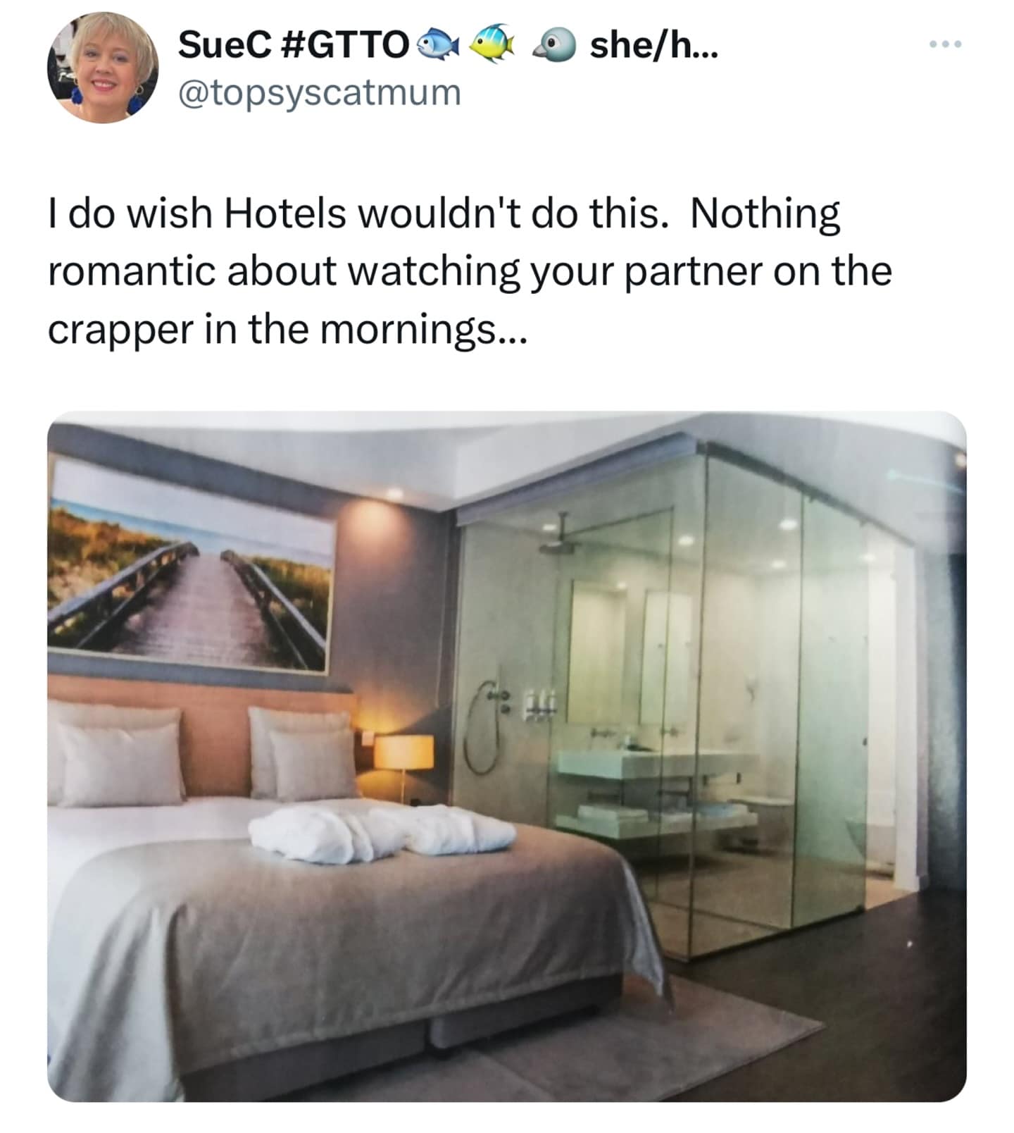 I do wish Hotels wouldn't do this. Nothing romantic about watching your partner on the crapper in the mornings...