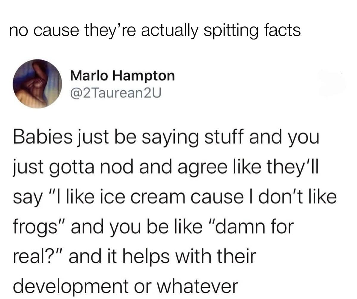 Babies just be saying stuff and you just gotta nod and agree like they'll say "I like ice cream cause I don't like frogs" and you be like "damn for real?" and it helps with their development or whatever