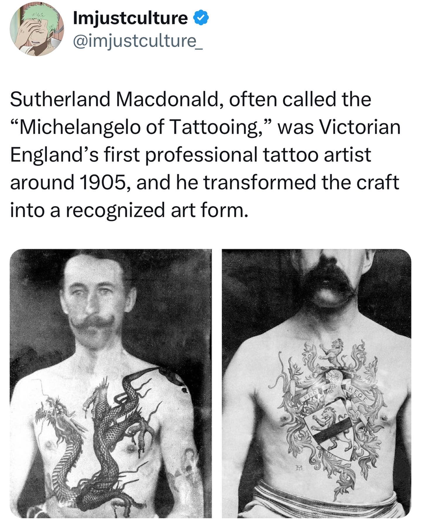 Sutherland Macdonald, often called the "Michelangelo of Tattooing," was Victorian England's first professional tattoo artist around 1905, and he transformed the craft into a recognized art form.