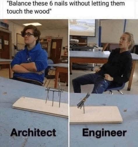"Balance these 6 nails without letting them touch the wood" Architect Engineer