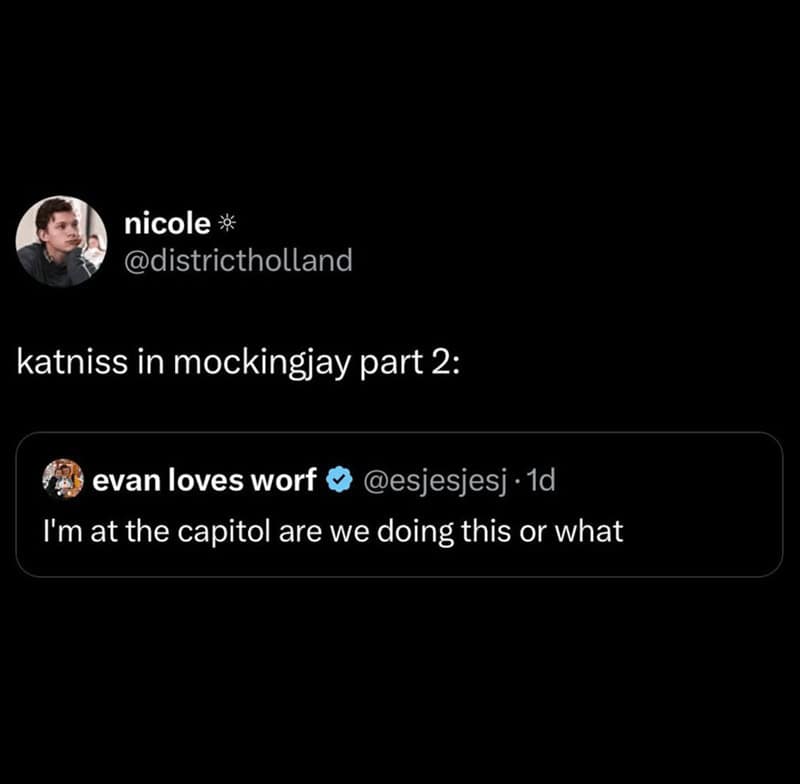 hunger games memes, katniss memes, mockingjay memes, tribute jokes, katniss everdeen, peeta mellark, district jokes, dystopian memes, arena memes, rebellion humor, book memes, movie memes, fandom laughs, the hunger games memes