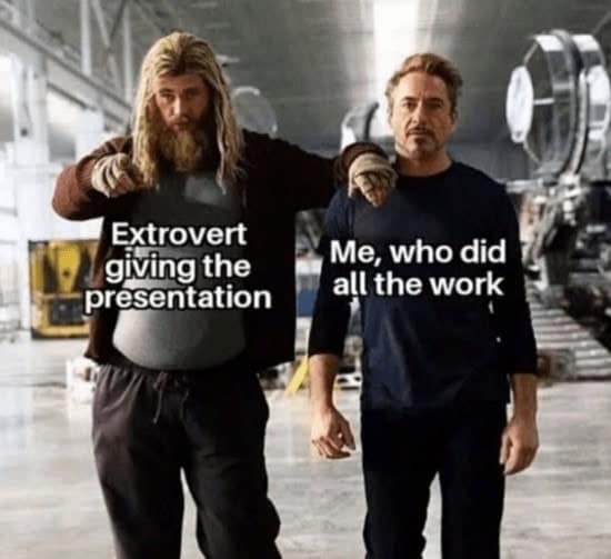 Extrovert giving the presentation Me, who did all the work
